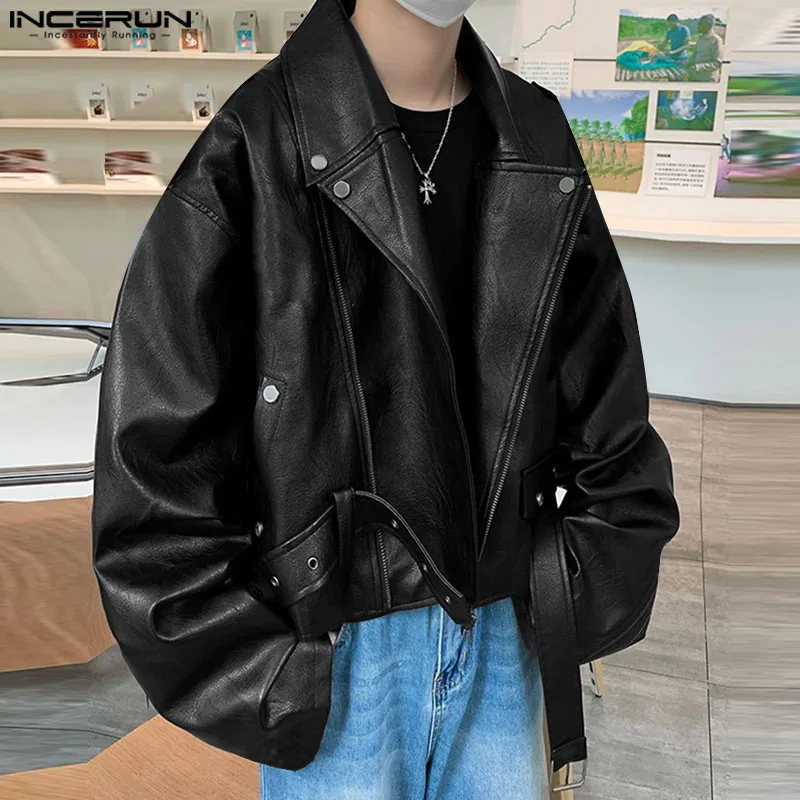 Fashion Casual Style Tops INCERUN Handsome Men Locomotive Wind Zipper Jackets Male Hot Sale Leather Lace Up Long Sleeved Jackets