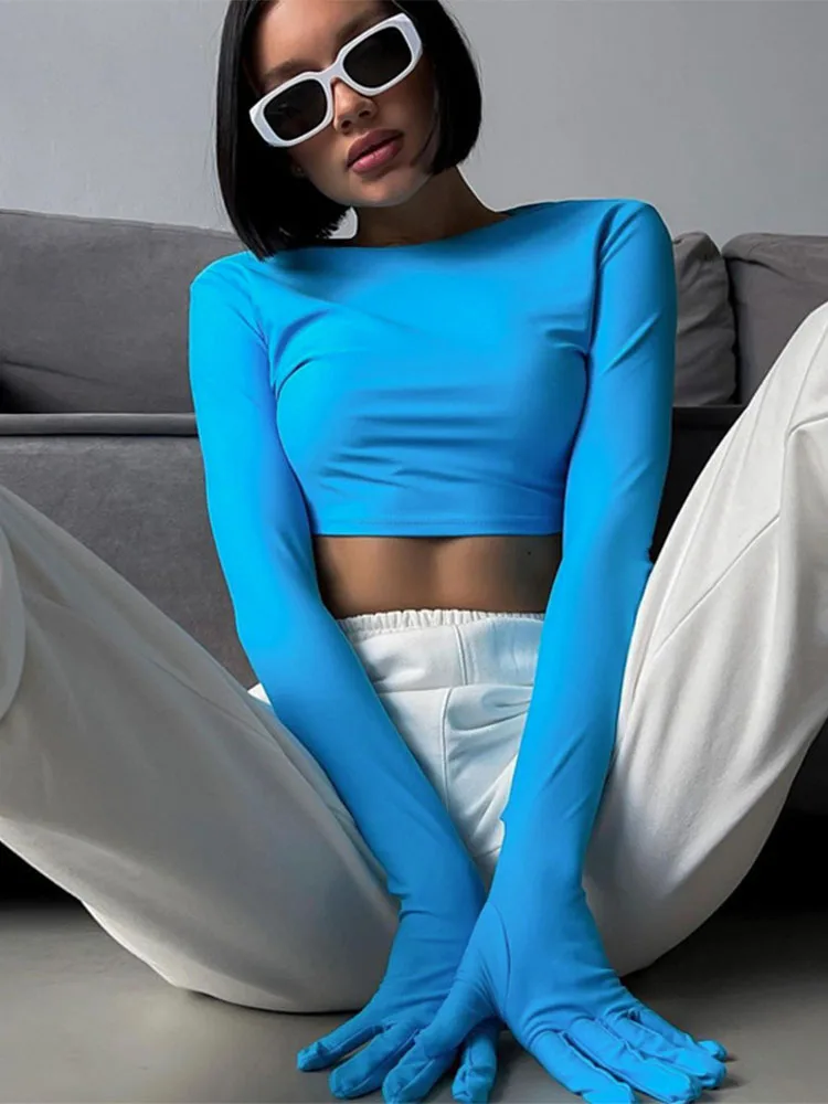 ผู้หญิง SLIM FIT O-คอ Crop Tops แฟชั่น Casual Bodycon Tees สีทึบถุงมือ Splicing เสื้อยืดสําหรับสุภาพสตรีเสื้อผ้า 2025