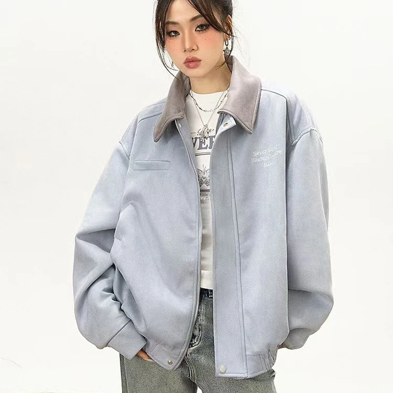 Jaqueta americana de camurça falsa feminina, casaco solto casual de rua com gola entalhada, manga comprida, zíper, vintage, beisebol, estilo preppy, roupa externa