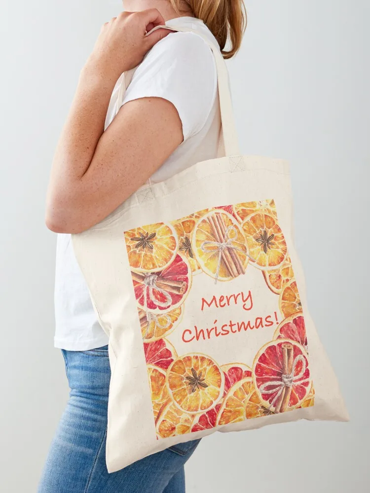 Merry Christmas watercolor illustration with oranges wreath Tote Bag Canvas stote bag Shopper handbag Shopping bags