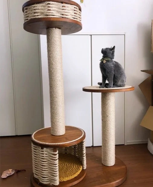 Luxury Handmade Moven Cat Bed Baskets Solid Wood Cat Tree Tower With Sisal Scratching Post And Heavy Base Cat Furniture