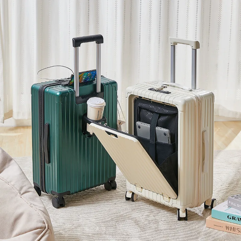 กระเป๋าเดินทางกระเป๋าเดินทางแบบกลิ้ง Multi-Function Zipper PC รถเข็นพร้อมล้อพอร์ตชาร์จ USB พร้อมที่วางแก้ว Boarding Box