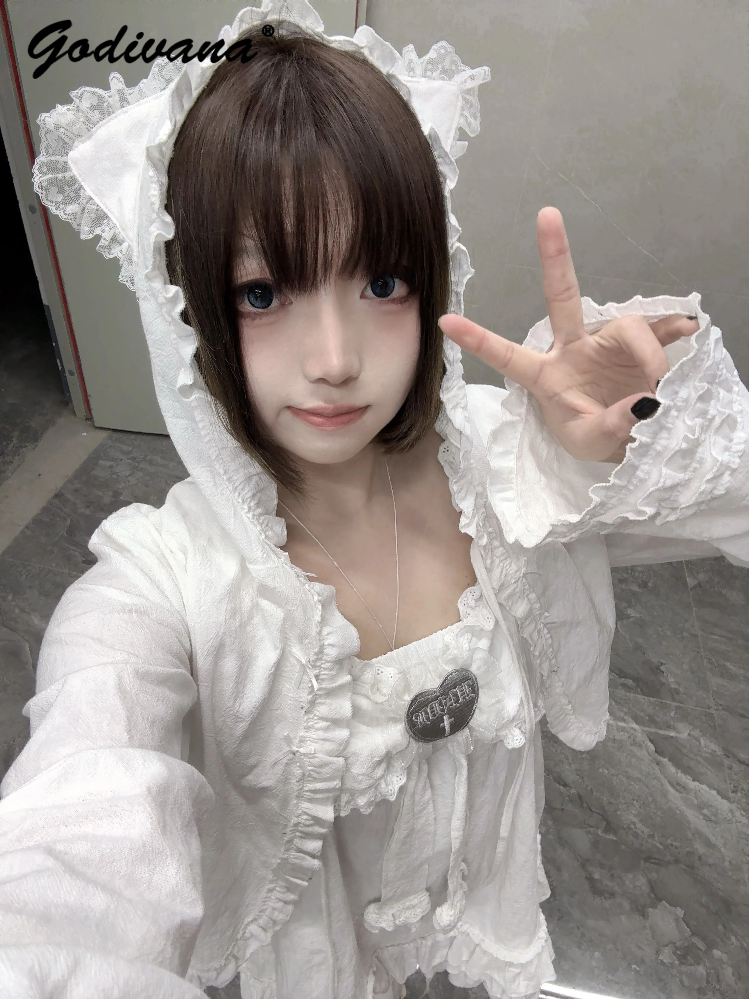 

New Spring and Summer Cute Girls Cat Ears Hooded Lace Cardigan Short Coat Sleeveless Dress 2 Piece Set Women Kawaii Outfits