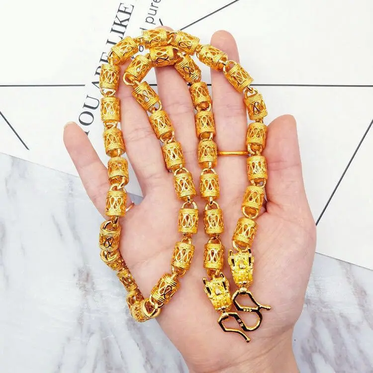 قلادة خرز بوذي مجوفة للرجال، ذهب عيار 24 قيراط، AU999 |   خرز على شكل قلب سوترا منقوش على سلسلة قوية، سحر احترافي مركب