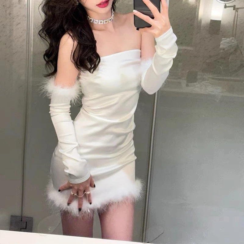 

Fashion Sexy Plush Sleeve Wrapped Chest Dress for Women Hip Hugging Short Skirt 2000s Aesthetic Trend Mini Dress Party Club Y2k