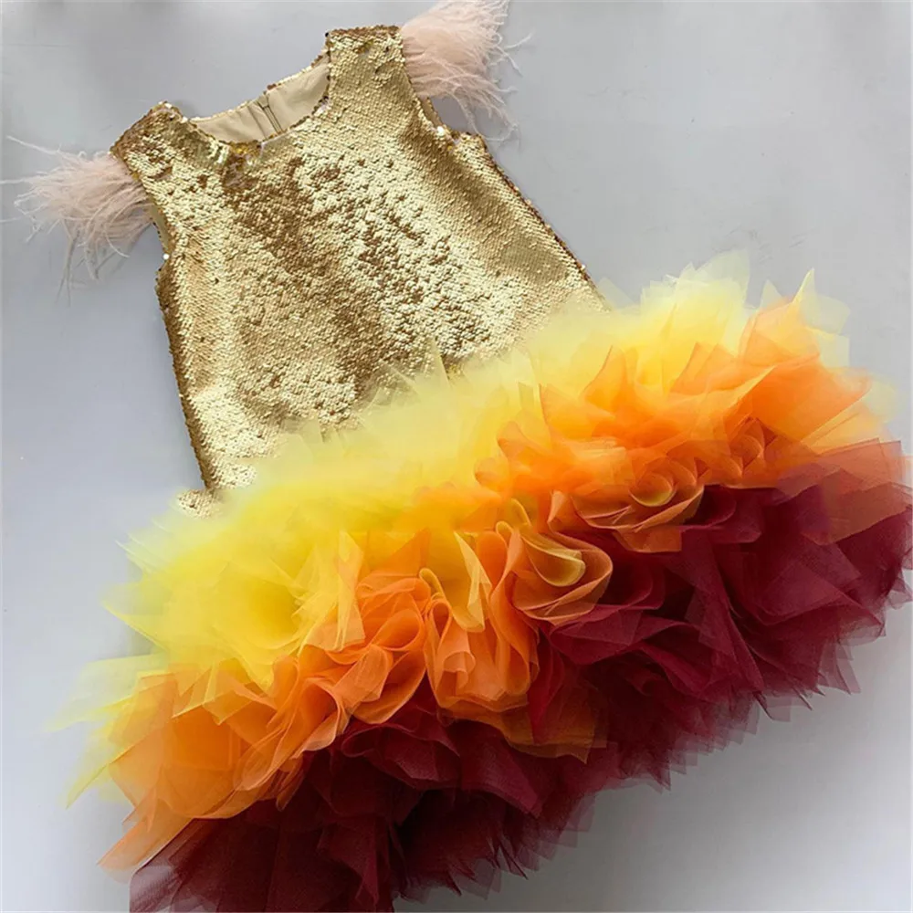 Golden Sequined Pageant Dresses For Girls Princess Feathers Wedding Flower Girls Dresses Corset Back Kids Girls Party Gowns