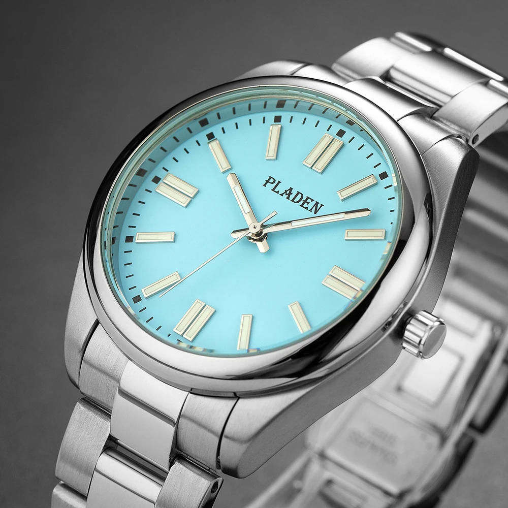 PLADAN Luxury Brand Male Watch Fashion Blue Dial Stainless Steel Wristwatch Business Quartz Luminous Wristwatches Hot Sale New