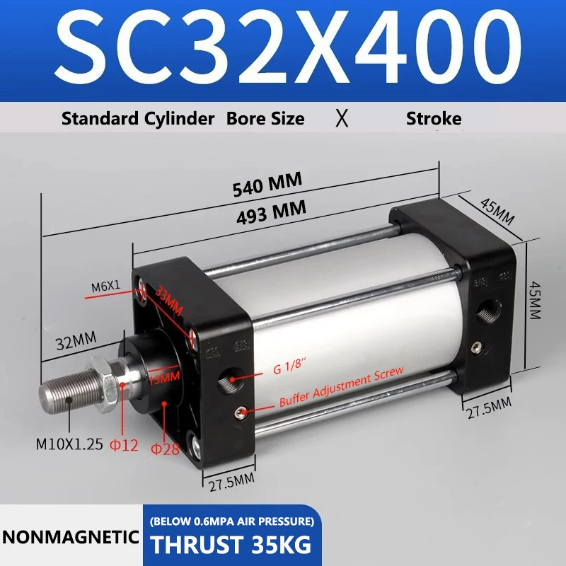 ABILKEEN SC32X400 Standard Pneumatic Cylinder 32mm Bore Size X 400 MM Stroke Double Acting Air Standard Cylinder