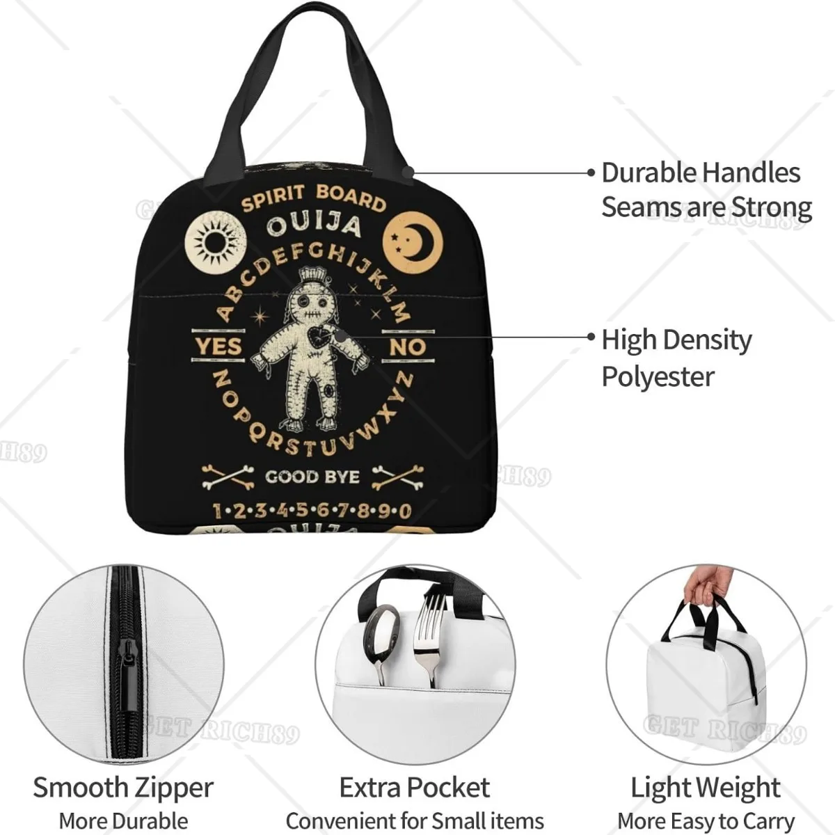 Goth Ouija Board Voodoo Doll Occultism Witchcraft Lunch Bag for Women Men Insulated Reusable Lunch Cooler Bag for Office Picnic