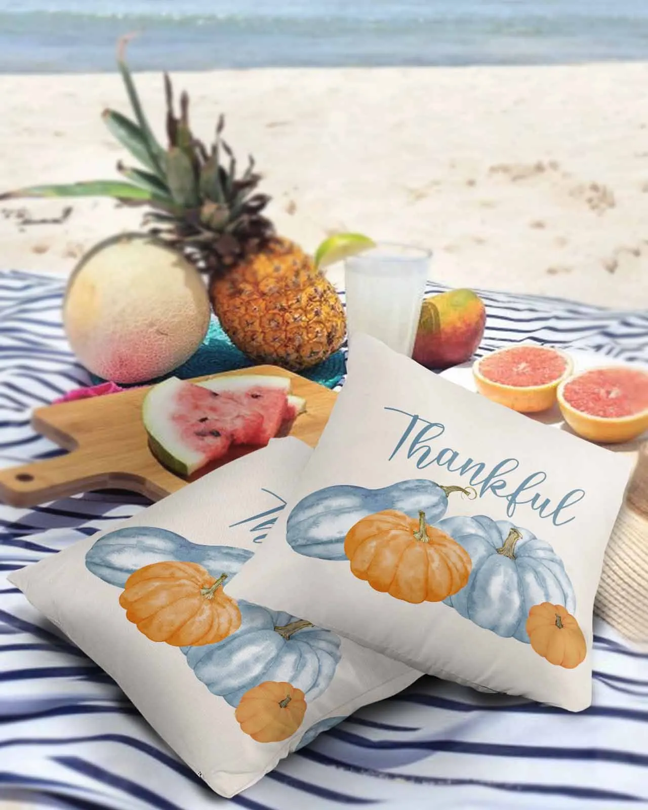 Autumn Thanksgiving Blue Pumpkin Pillowcase Set Living Room Sofa Decor Cushion Cover Waterproof Throw Pillowcover