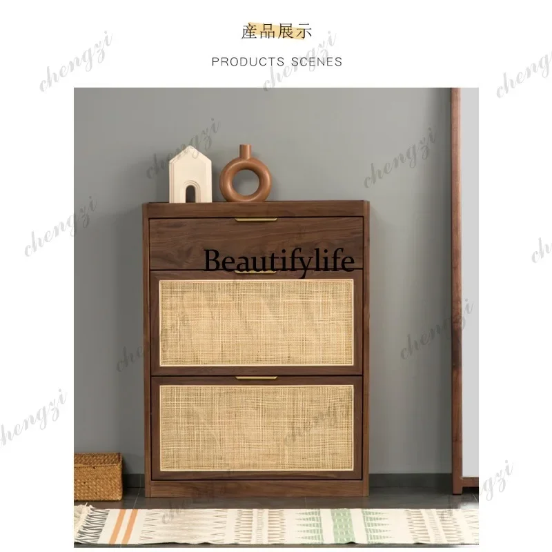 J132 Nordic entrance solid wood storage shoe cabinet tipping bucket ultra-thin multi-layer rattan simple walnut