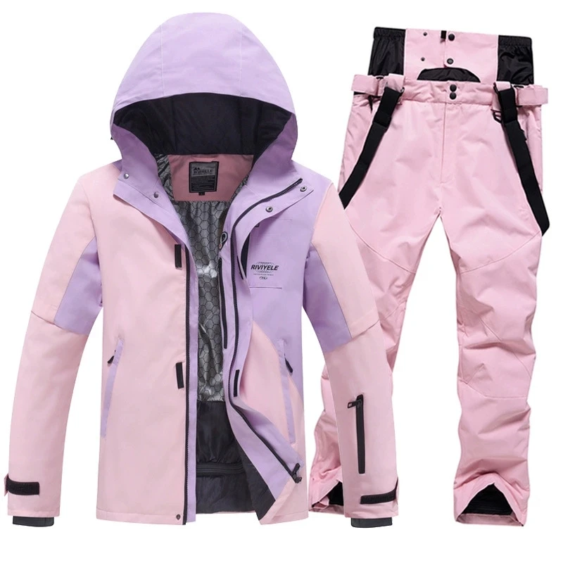 Conjunto de traje de esquí de invierno con bloques de color para hombre y mujer, ropa de snowboard, chaquetas y pantalones de esquí, chaqueta de traje de esquí para esquiar.