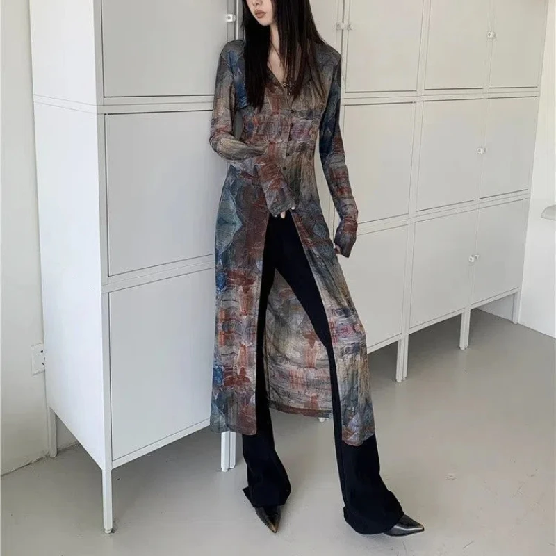 American Retro Printing Gauze Lolita Summer 2024 New Patchwork V-neck Button Fashion Slim All-match Long Sleeved Chiffon Jacket