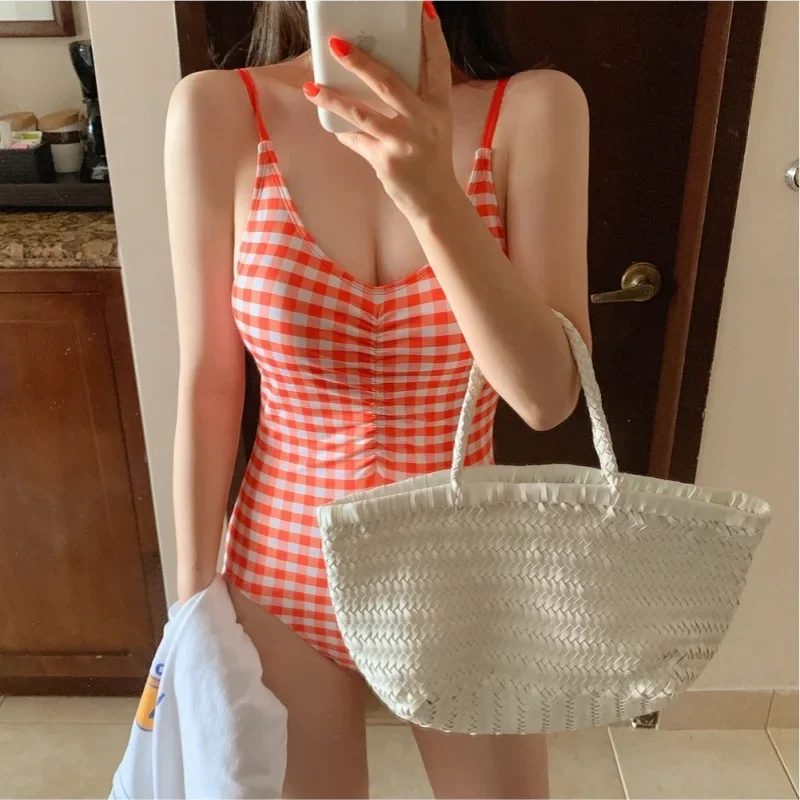 

Korean Style Women's One-Piece Plaid Print Swimsuit with Thin Straps Small Chest Gathered Fashionable Clear Hot Spring Diver Swi