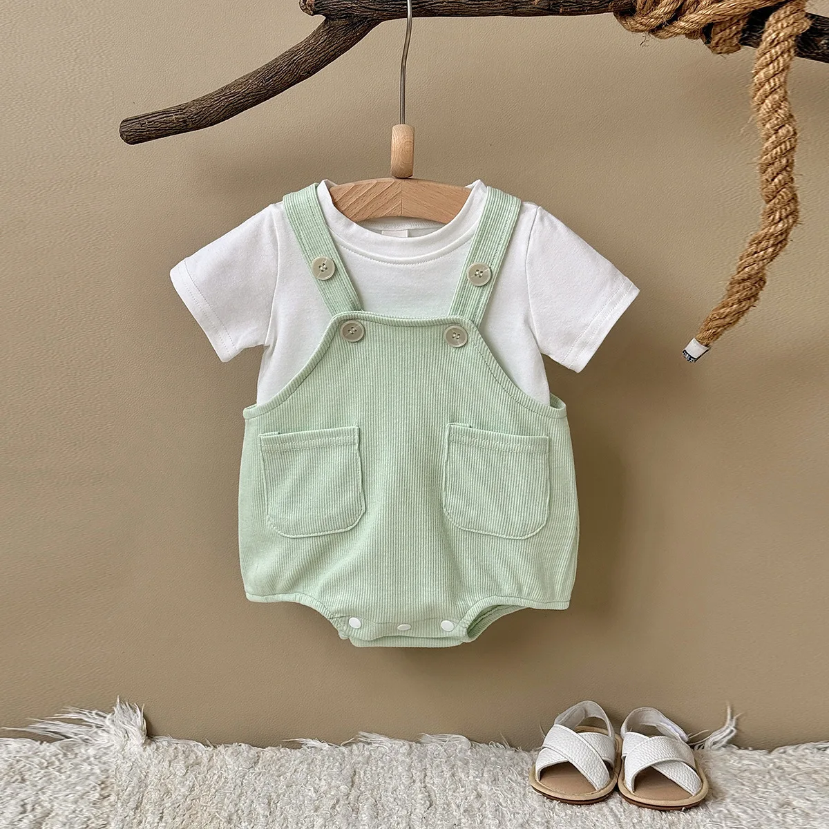 

Комплект из 2 предметов для новорожденных: милый светло-зеленый хлопковый комбинезон-боди + футболка с коротким рукавом, унисекс, для повседневной носки и прогулок на улице