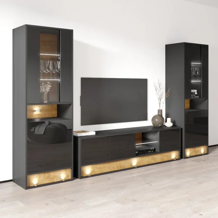 TV Desk Stand TV Cabinet with Light TV Stand Set Modern Entertainment Center Living Room Furniture