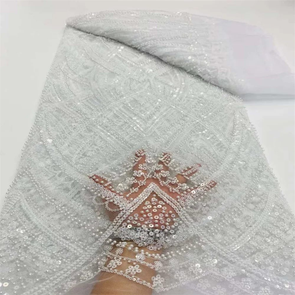 

Luxury White French Mesh Beaded Lace Fabric 2025 High Quality African Sequins Groom Lace Fabrics For Nigerian Wedding Dresses
