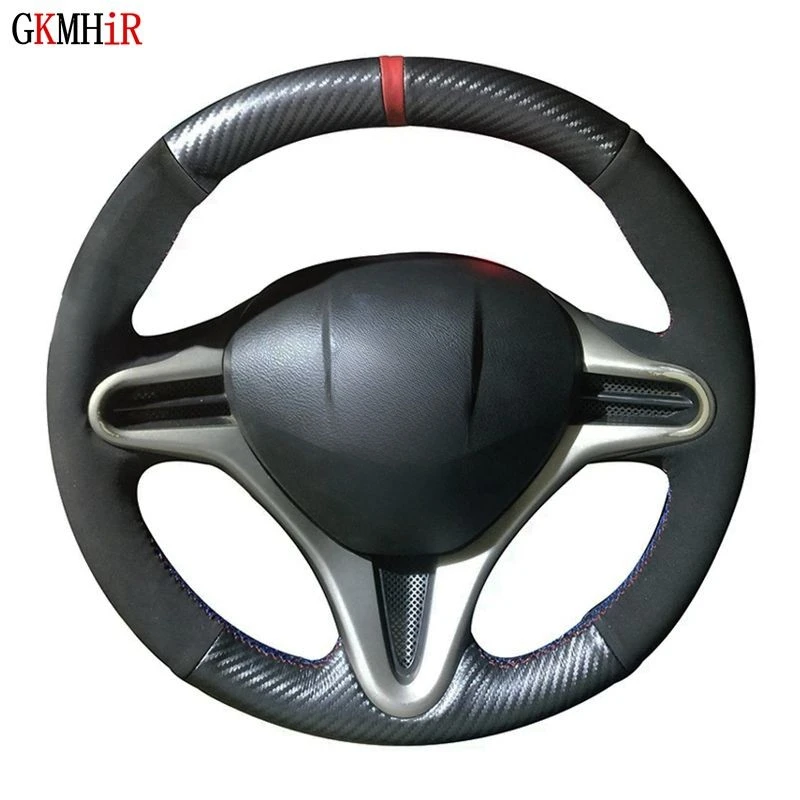 DIY Black Carbon Fiber Suede Red Marker Car Steering Wheel Cover For Honda Civic Civic 8 2006-2011 (3-Spoke)