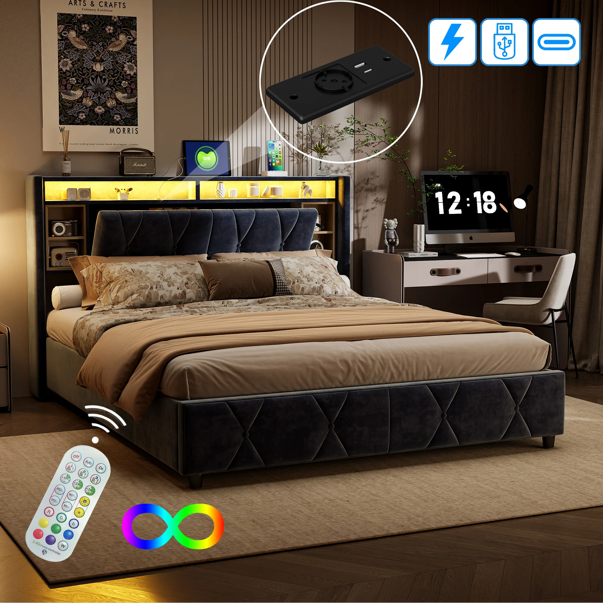 Gepolstertes Doppelbett mit Kopfteil, Bettgestell mit Stauraum und Lattenrost aus Holz, Leinen,