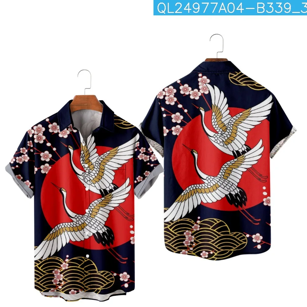 

Japan Crane Flower Printed Short Sleeve Casual Hawaiian Beach Shirt Summer Mens Fashion Vintage Blouse Clothing Streetwear