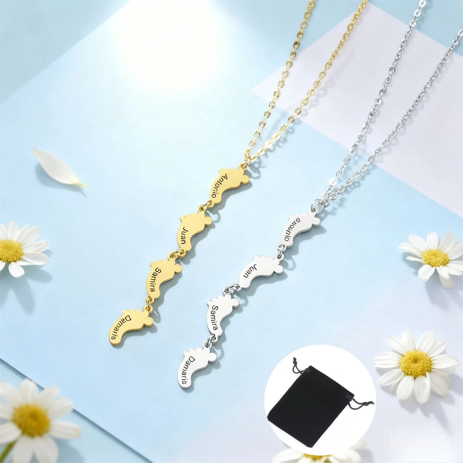 Customized Name Text Date Foot Necklace Stainless Steel Fashion Carving Name Clavicle Chain Family Jewelry Mother's Day Gift