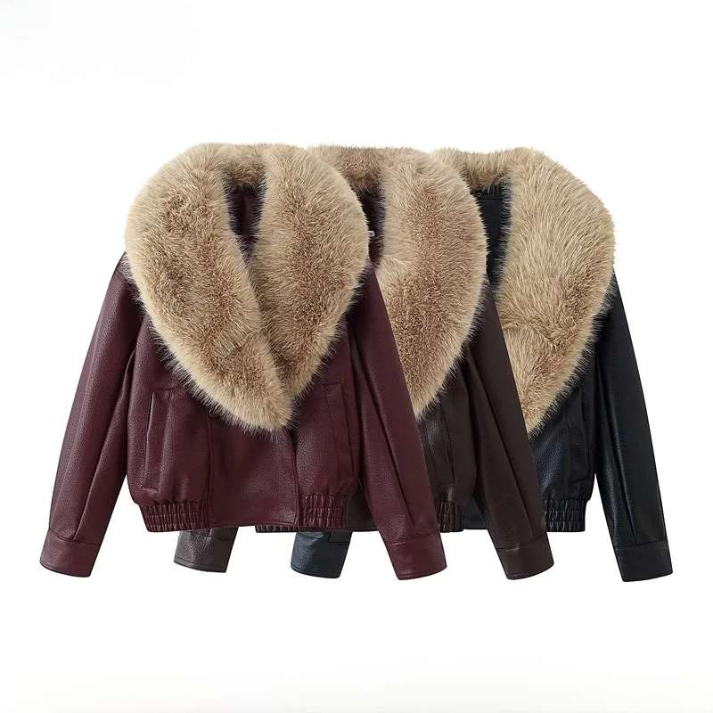 

EVEA New Women's Faion Street Sle Loose Leather Jaet Coat with Fur Collar Detachable Polyester Fiber Long Sve Coat