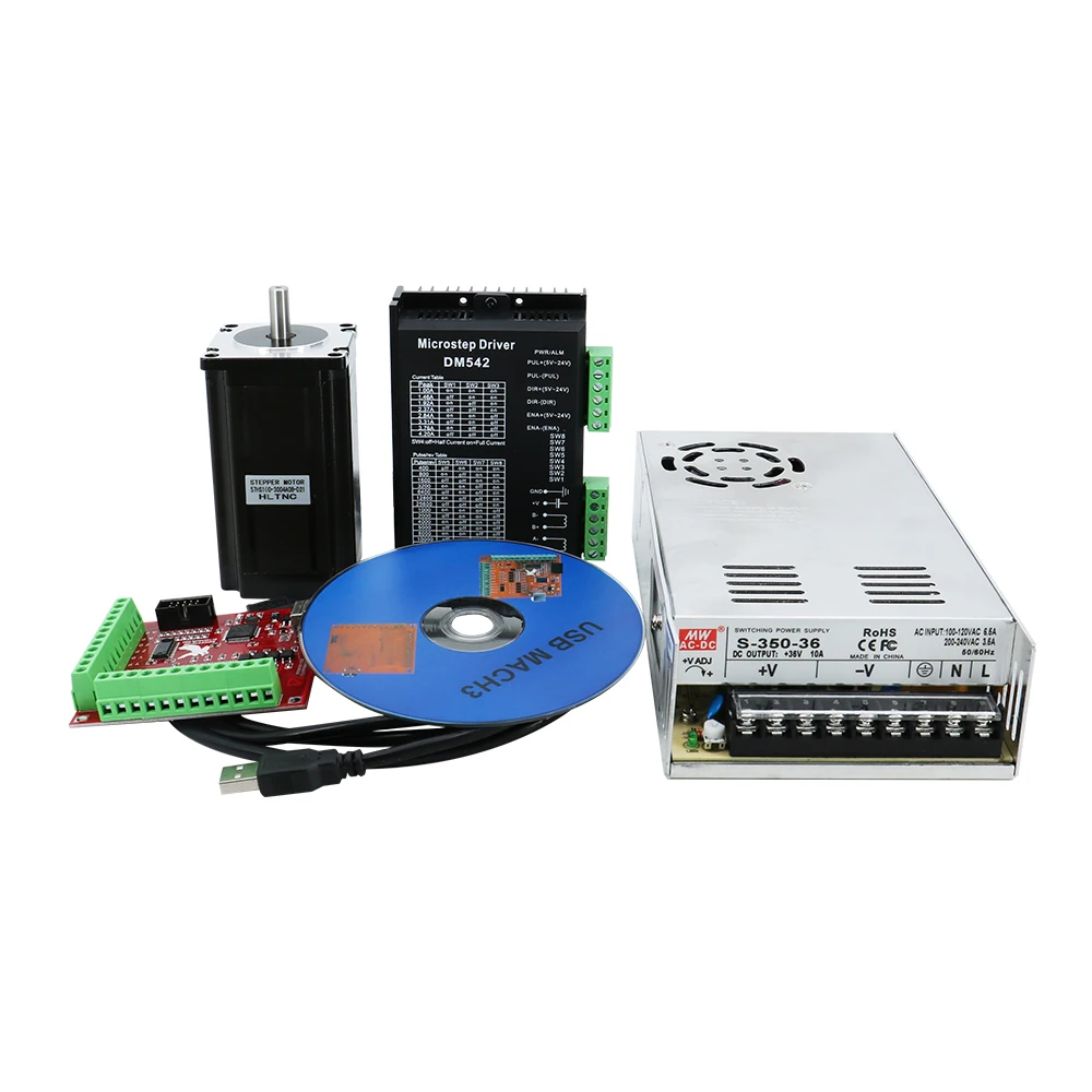 

HLTNC Stepper Motor Set Nema23 2.5Nm + Driver DM542 + Power Supply 350W 36V + Controller Board USB 4 Axis Set for CNC