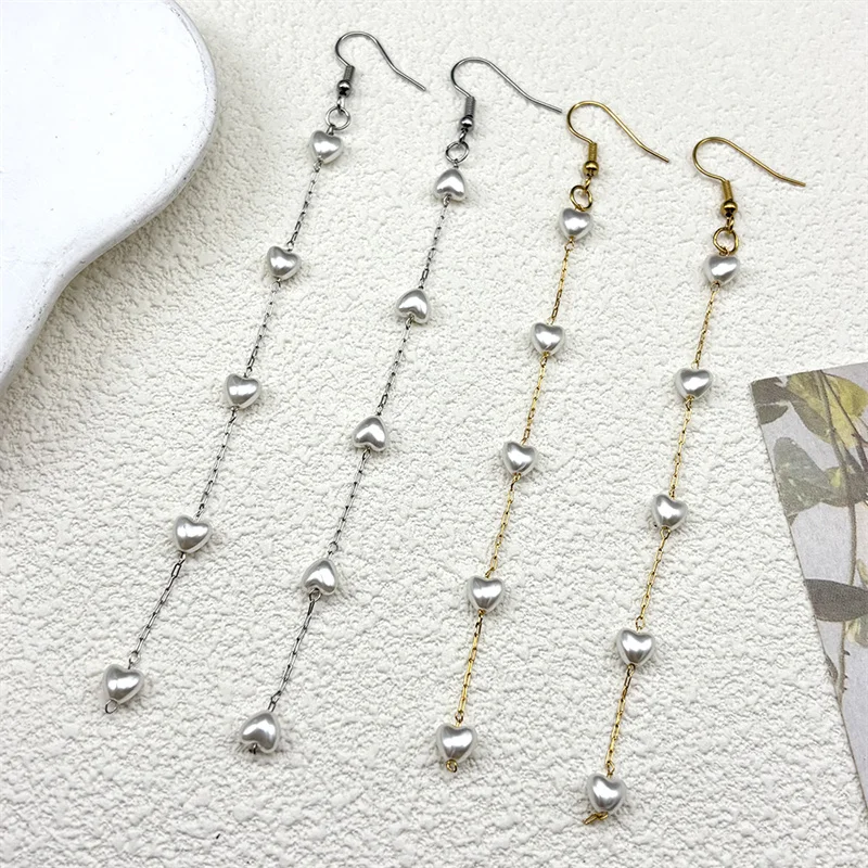 

Love Heart Pearl Long Dangle Earrings For Women Girls Stainless Steel Gold Color Tassel Elegant Drop Earring Jewelry Gifts