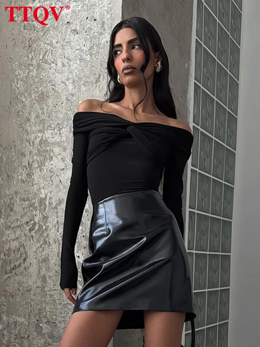 

TTQV Fashion Slim Black Knitted Women Shirt 2026 Bodycon Slash Neck Long Sleeve Lady Shirts Elegant Classic Top Female Clothing