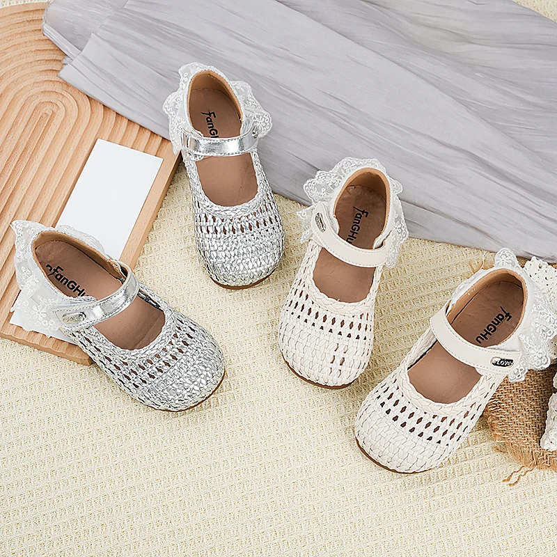 

Kids'Casual Shoes Sandals PU Leather Princess Summer Shoes For Girls Breathable Anti-slip Beige Silver Shoes Size 23-34
