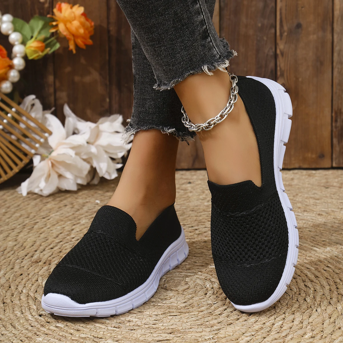 أحذية رياضية للنساء أحذية نسائية كاجوال شبكية قابلة للتنفس لربيع وخريف جديدة بلون سادة وفم ضحل أحذية مشي خارجية #6