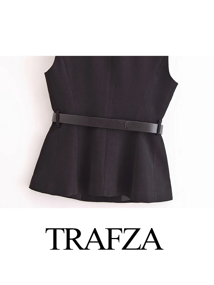 TRAFZA Woman Fashion Solid Single-breasted O-Neck Streetwear Style Top Autumn Women Chic Sleeveless Belt Decorate Slim Vest Top