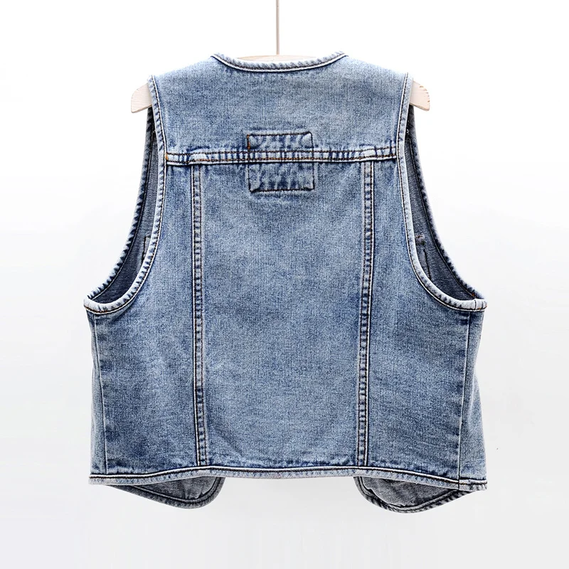 Gilet di jeans blu vintage Gilet corto allentato da donna Giacca senza maniche da cowboy casual Tasca grande con scollo a V Cardigan Gilet di jeans Donna