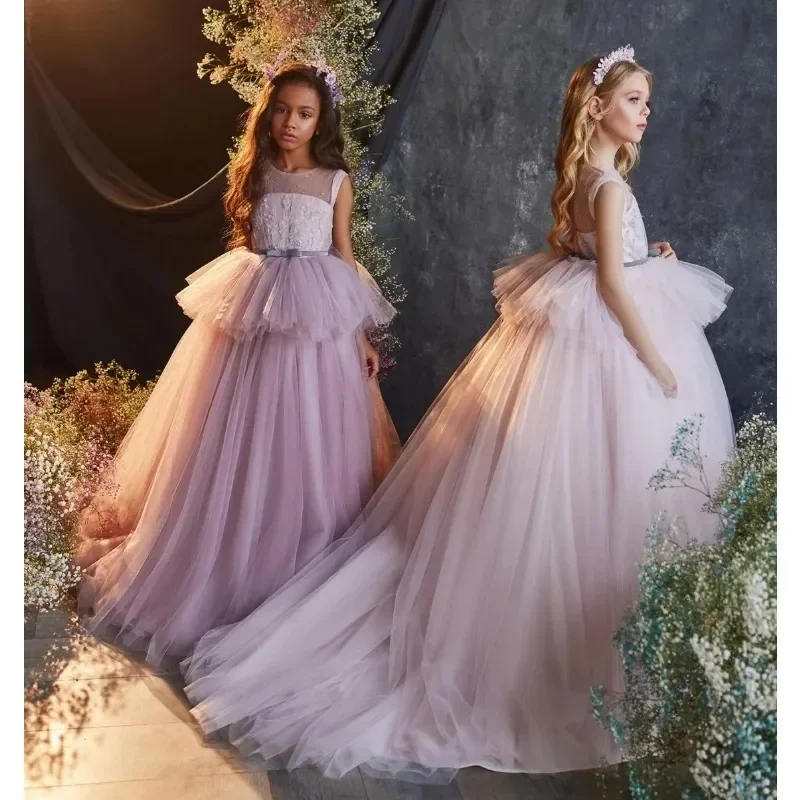 Vestido de encaje sin mangas para niña de las flores, línea A, largo hasta el suelo, cuello redondo, vestido de graduación de desfile de princesa para boda, vestido de noche para dama de honor