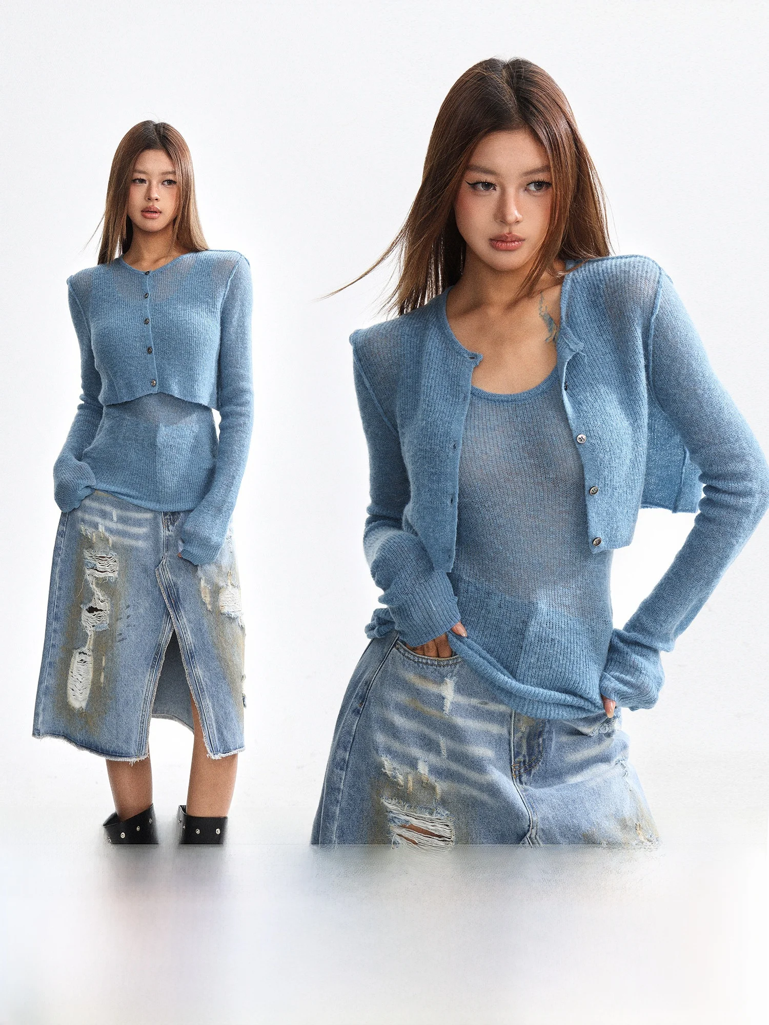 

American Sle Knitted Top Set Women Spring Spicy Strapl Vest oulder Micro Translucent Open Cardigan Two Piece Set