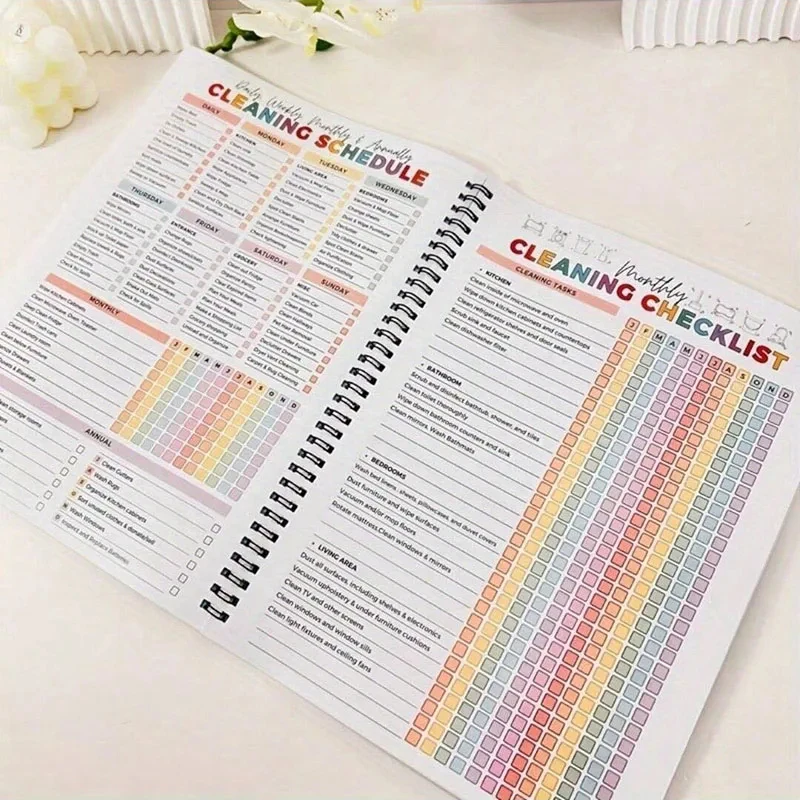 Kit de planification de nettoyage pour la maison - Comprend un calendrier de nettoyage domestique, un plan de nettoyage hebdomadaire/mensuel, des conseils de nettoyage toute l'année, et des outils de nettoyage ménager.