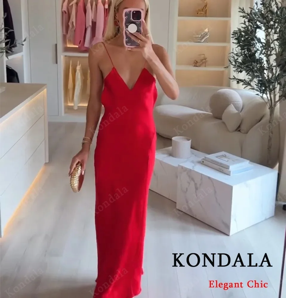 KONDALA Summer Red Backless Cami Long Dress Women's Sexy V-neck Cami Dress 2025 Fashion Casual Beach Romantic Date Mujer Dress