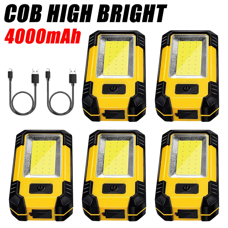Luz de trabajo COB LED recargable por USB, Banco de energía 18650, lámpara de Camping portátil con imán, linterna impermeable de 4000Ma, 1-5 uds.