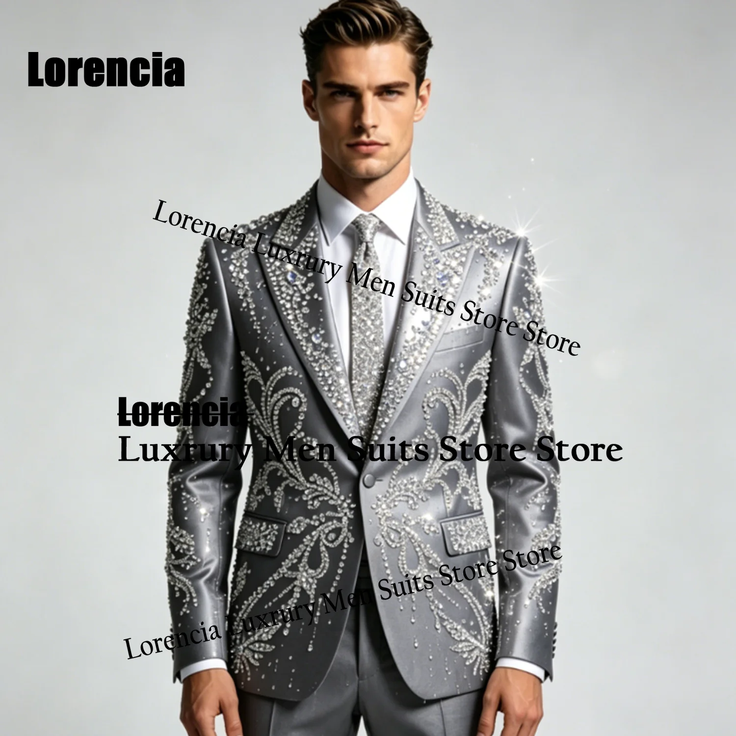 

Customized Handmade Embroidery Men suits For Prom Groom Jewelry Sequin Male Evening Party Retro Blazer 3 Pieces Set Tuxedos Slim