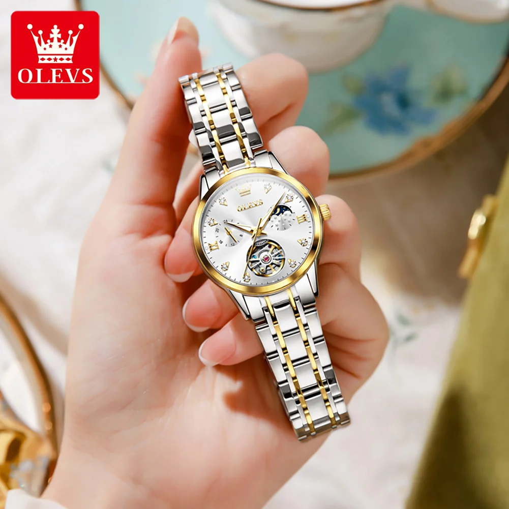 OLEVS Original Moonswatch for Women Automatic Mechanical Watch Skeleton Deisign Elegant Female Waterproof Clock Lady Wristwatch