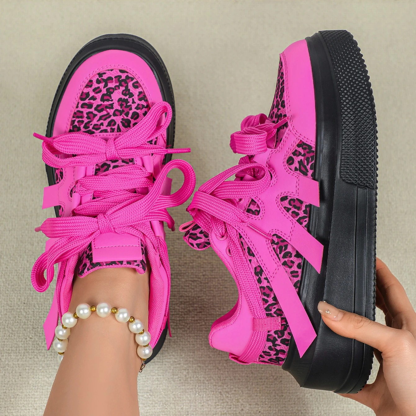 Women Fashion Platform Shoes Leopard PU Leather Chunky Sneakers Men's Breathable Soft Casual Walking Jogging Trainers