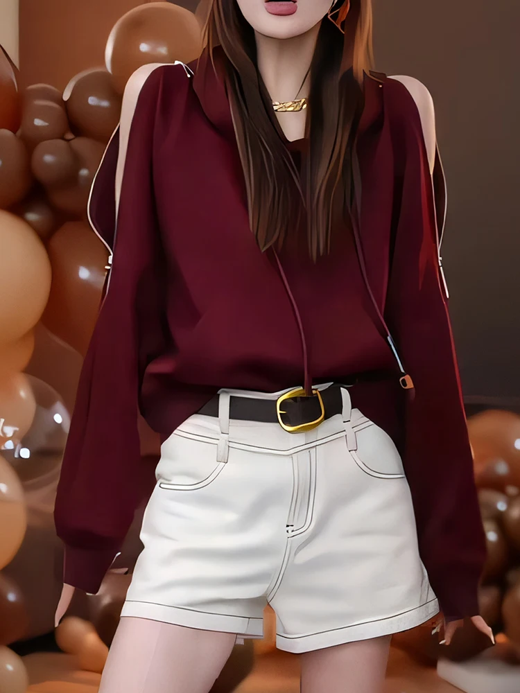 

Американский стильный худи на молнии с открытыми плечами и длинными рукавами, женская толстовка для ранней осени, новая модная трендовая модель, топ-пуловер.