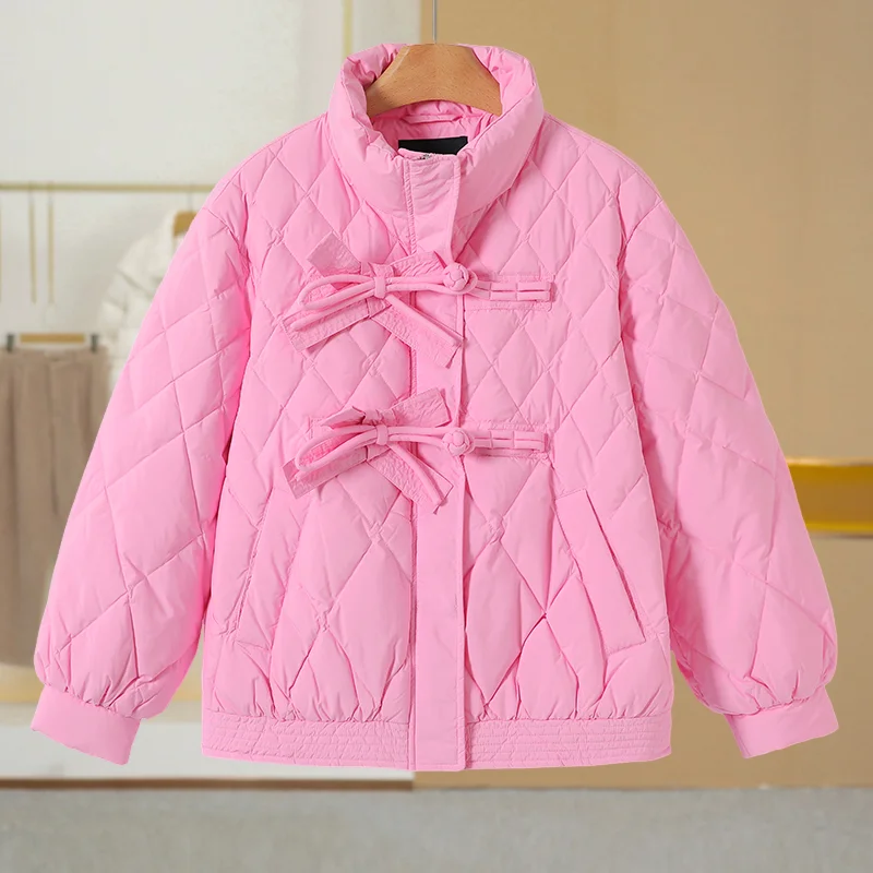 

Lightweight Knot Button up Stand Collar down Jacket Winter New Style Women's Fashion Sweet Style White Duck down Fi...