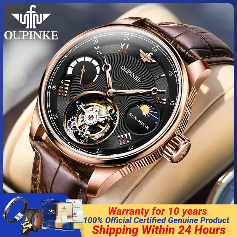 OUPINKE 8001 Tourbillon Movement Men\'s Watch Original Leather Strap Power Reserve Hollow Out Automatic Mechanical Watches Man