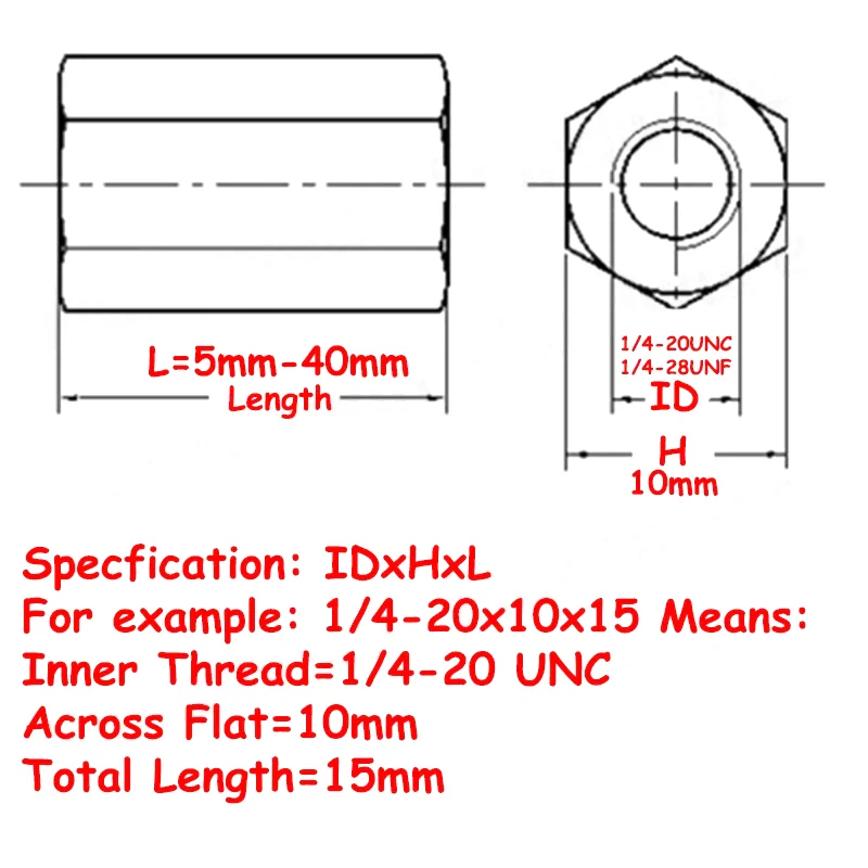 1/4-20 UNC 1/4-28 UNF Hexagon Brass Extension Nut Thick Copper Connecting Joint Mechanical Parts