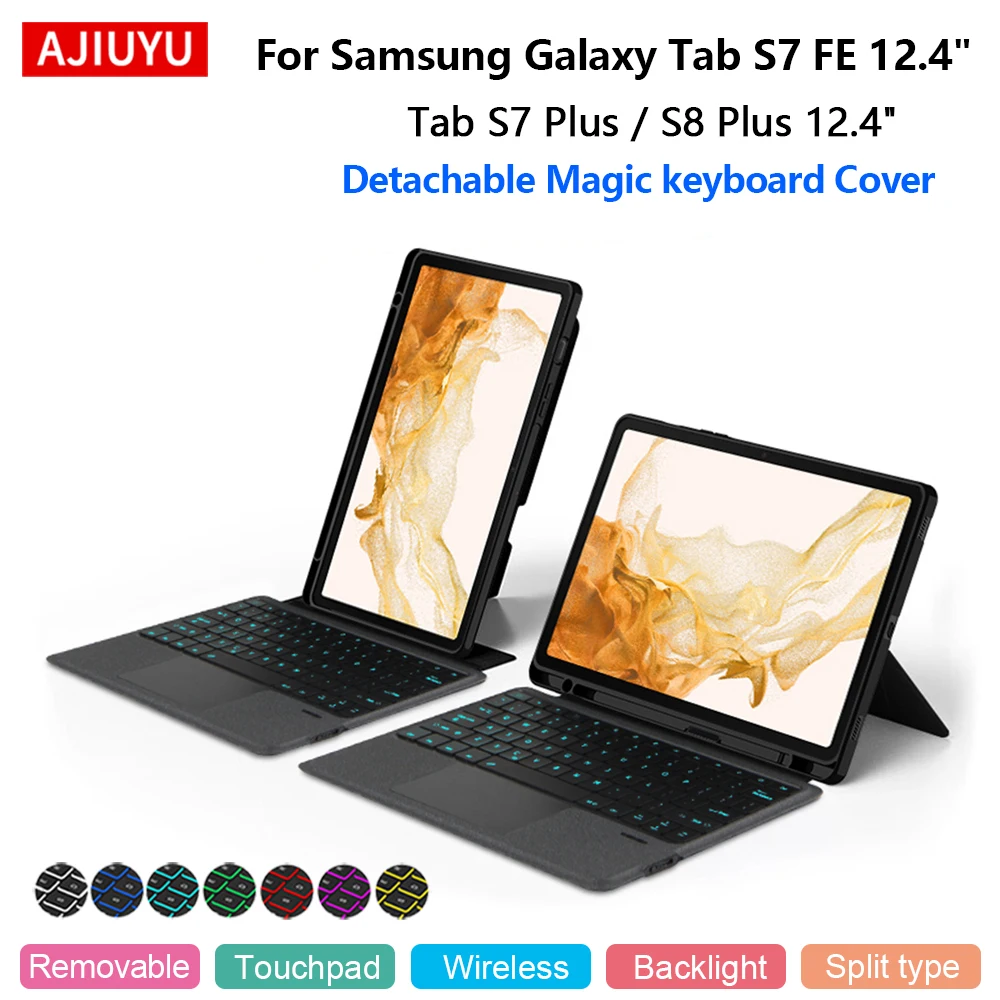 

AJIUYU Keyboard For Samsung Galaxy Tab S7 FE S8 S7 Plus S8+ S7+ 12.4" Tablet Case Magic Smart Keyboard Cover TouchPad Backlight