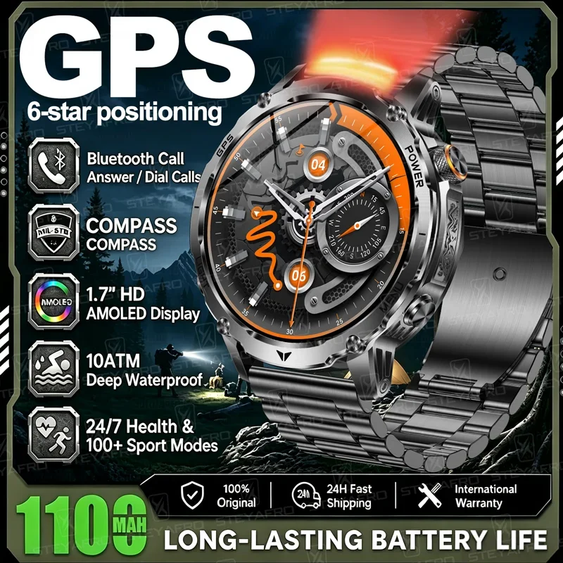 

GPS Watches Military 1100mAh Battery Smart Watch Men Outdoor Sport Compass Flashlight 10ATM Waterproof Heart Rate Bluetooth Call