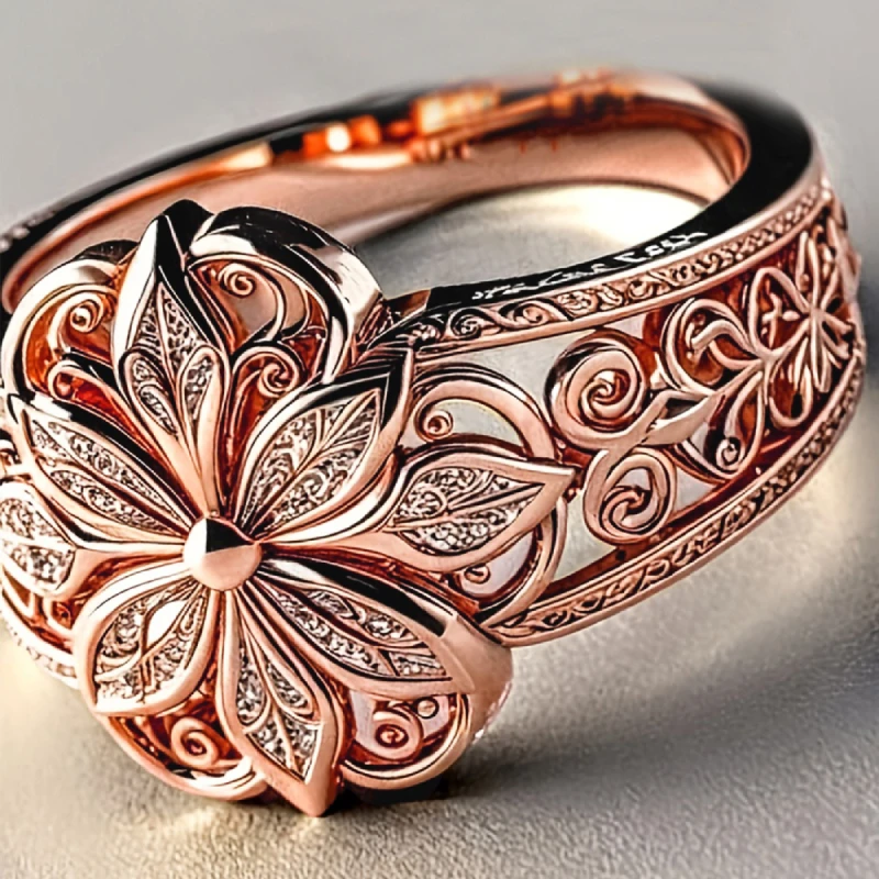 Huitan Wunderschöner Damenring, ästhetisches Blumen-Gravur-Design, trendiges Zubehör für Party, Hochzeit, bezaubernder, schicker Schmuck, Geschenk für Damen – Detail 8