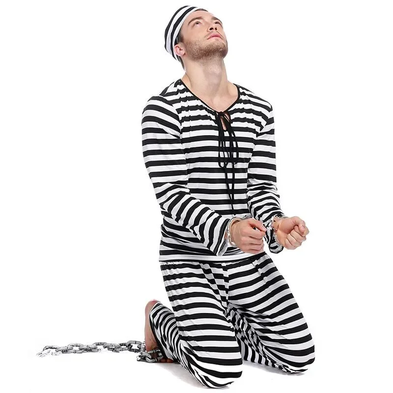 Halloween Prisoner Costume Cosplay Performance Clothing Masquerade Prisoner Disguise Costume Black White Stripe Jailbird Set