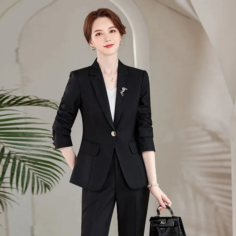 

Тонкие комплекты из 2 предметов для офисной одежды, женские 2026 новые модные пиджаки с отложным воротником и одной пуговицей, повседневные брючные костюмы-карандаш